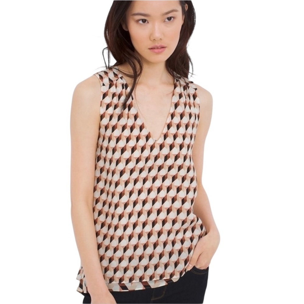 White House Black Market Top Women Silk Geometric V-Neck Lined Sleeveless Sz XXS